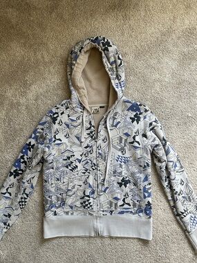 Volcom Print Zip-Up Hoodie in Beige and Blue